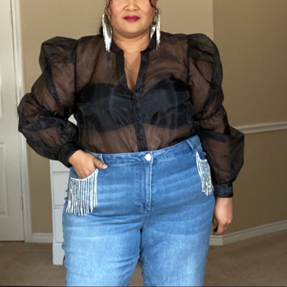 Eloquii puff sleeve ruffle organza sheer black blouse